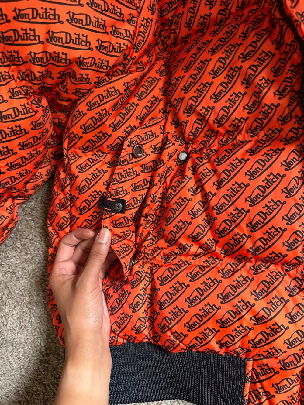 Von Dutch Orange All-Over Logo Puffer Jacket with Fur-Trim Hood - Picture 2 of 7